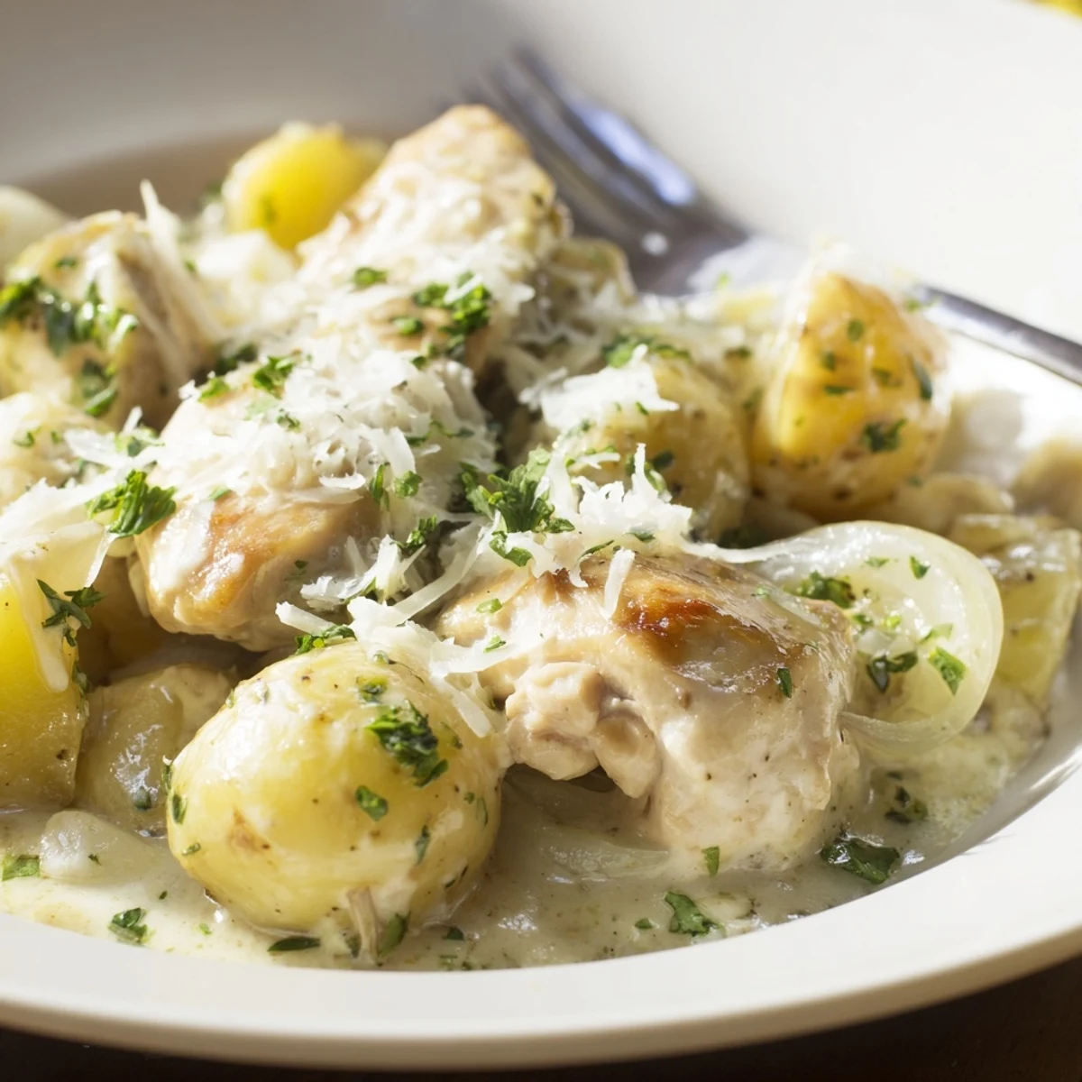 Golden brown chicken breasts nestled alongside tender baby potatoes in a rich garlic parmesan sauce