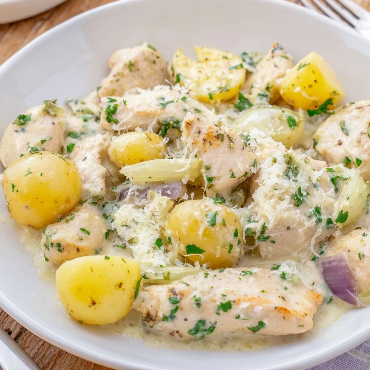 Slow cooker garlic parmesan chicken with creamy potatoes garnished with fresh parsley and extra cheese