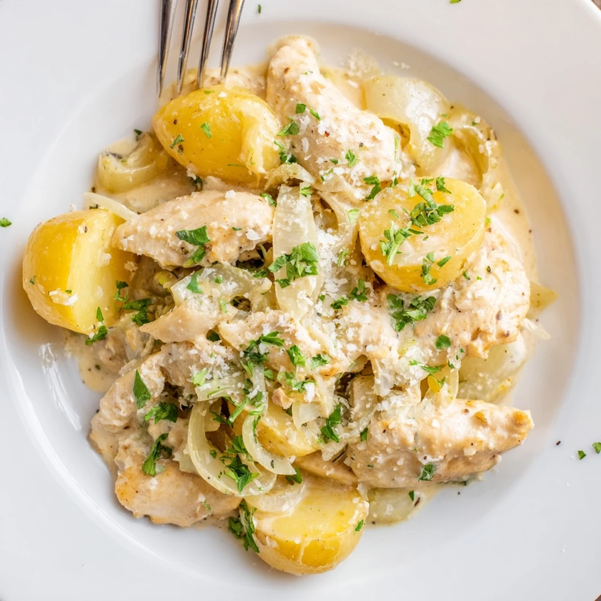 Comforting one-pot meal featuring juicy seasoned chicken and fork-tender potatoes slow-cooked with savory aromatics