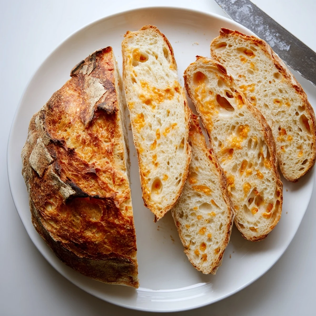 Golden brown no knead cheddar bread with a crisp crust and melted cheese visible throughout the tender crumb