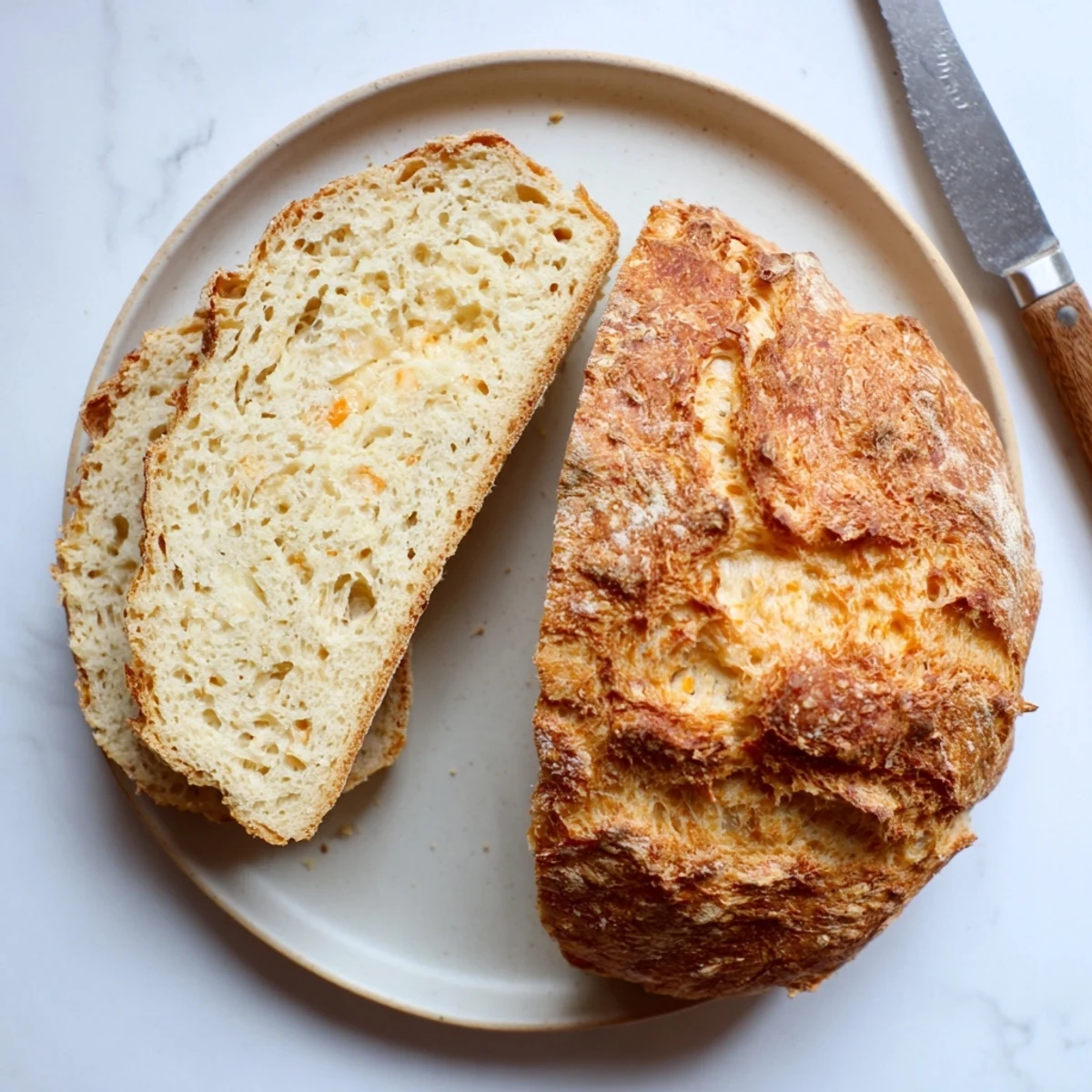 Sliced no knead cheddar bread displaying the fluffy interior and generous chunks of melted sharp cheddar cheese