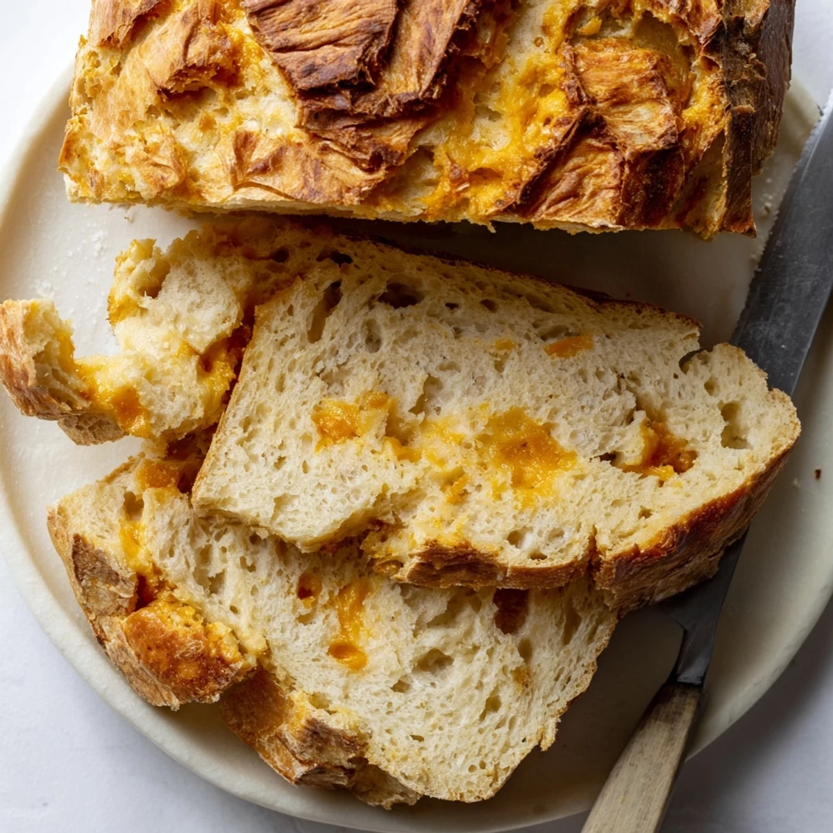 Rustic homemade no knead cheddar bread loaf featuring a deep golden crust and pockets of sharp cheddar cheese
