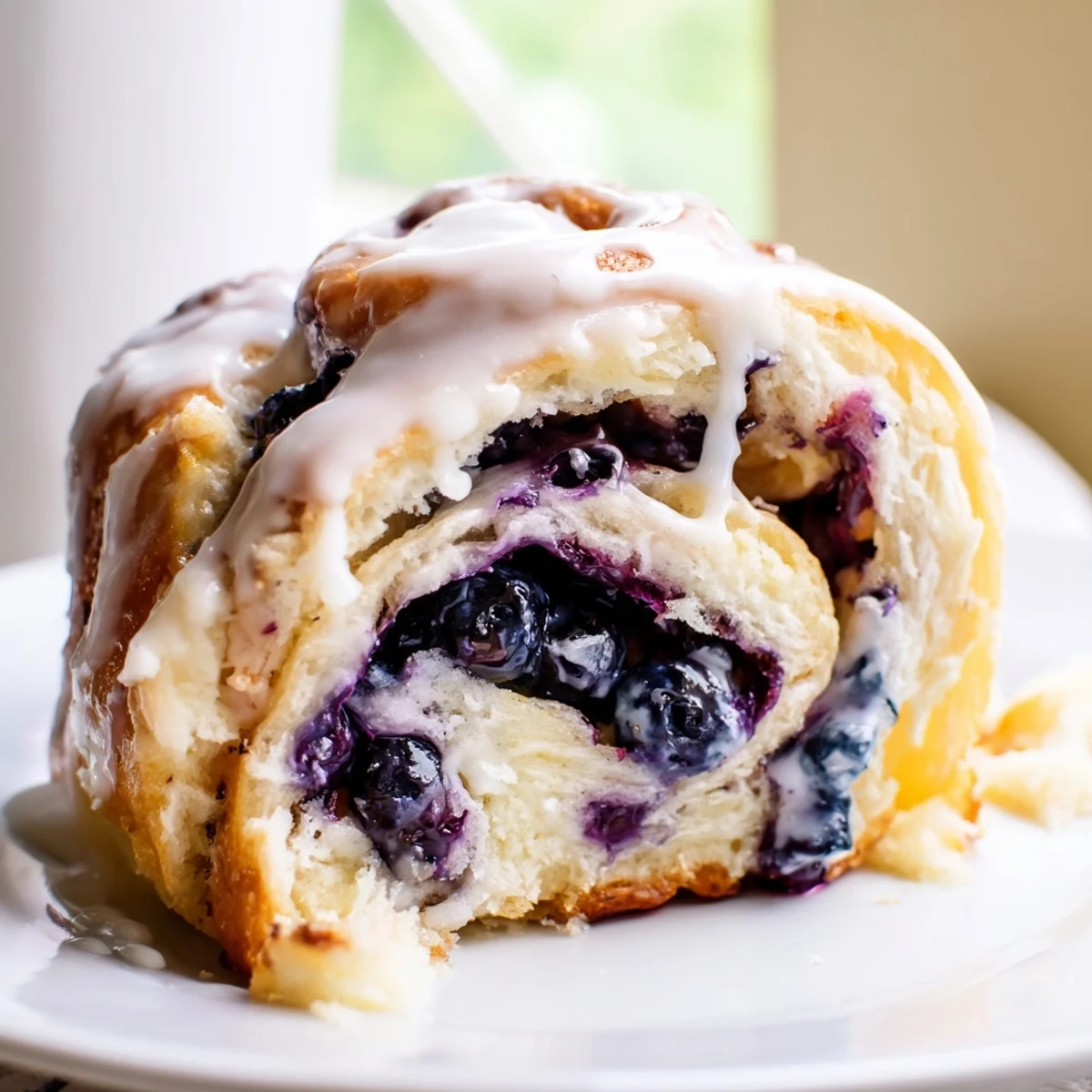 Golden lemon blueberry rolls drizzled with zesty glaze on a white serving plate