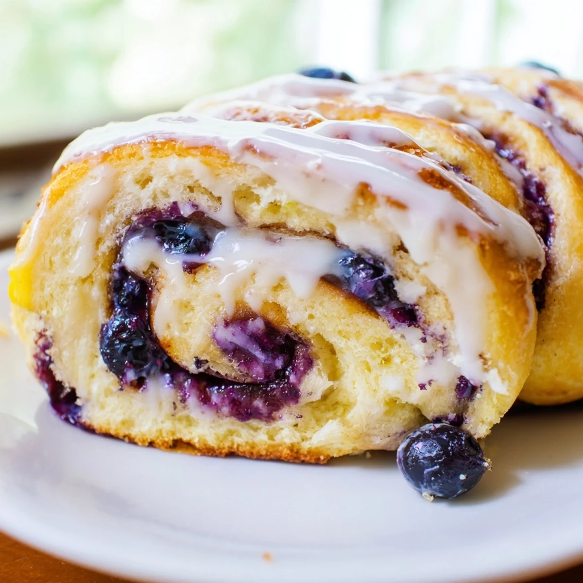 Close up of fluffy lemon blueberry rolls topped with creamy lemon glaze