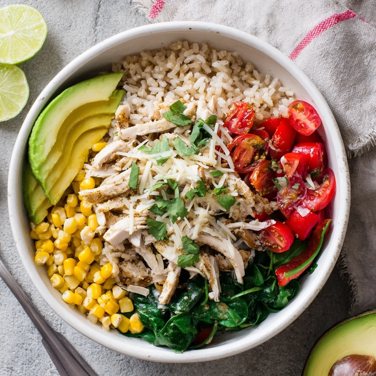 Colorful Southwest spice green chile bowl topped with tender chicken, avocado, and fresh cilantro