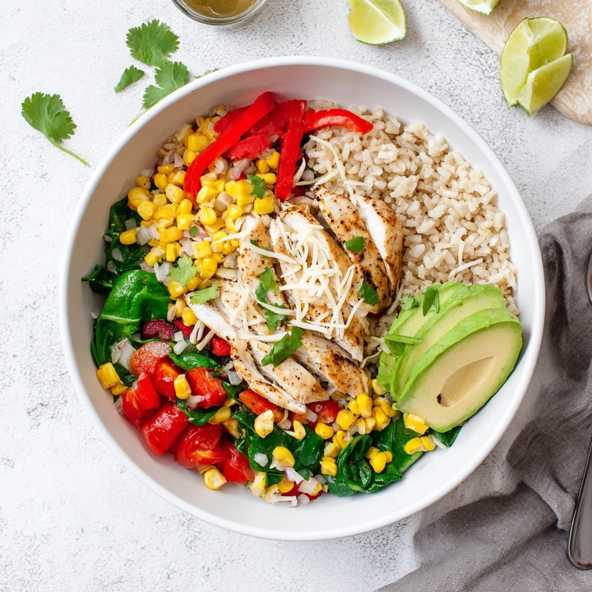 Hearty Southwest spice green chile bowl featuring roasted peppers, corn, and shredded cheese garnish