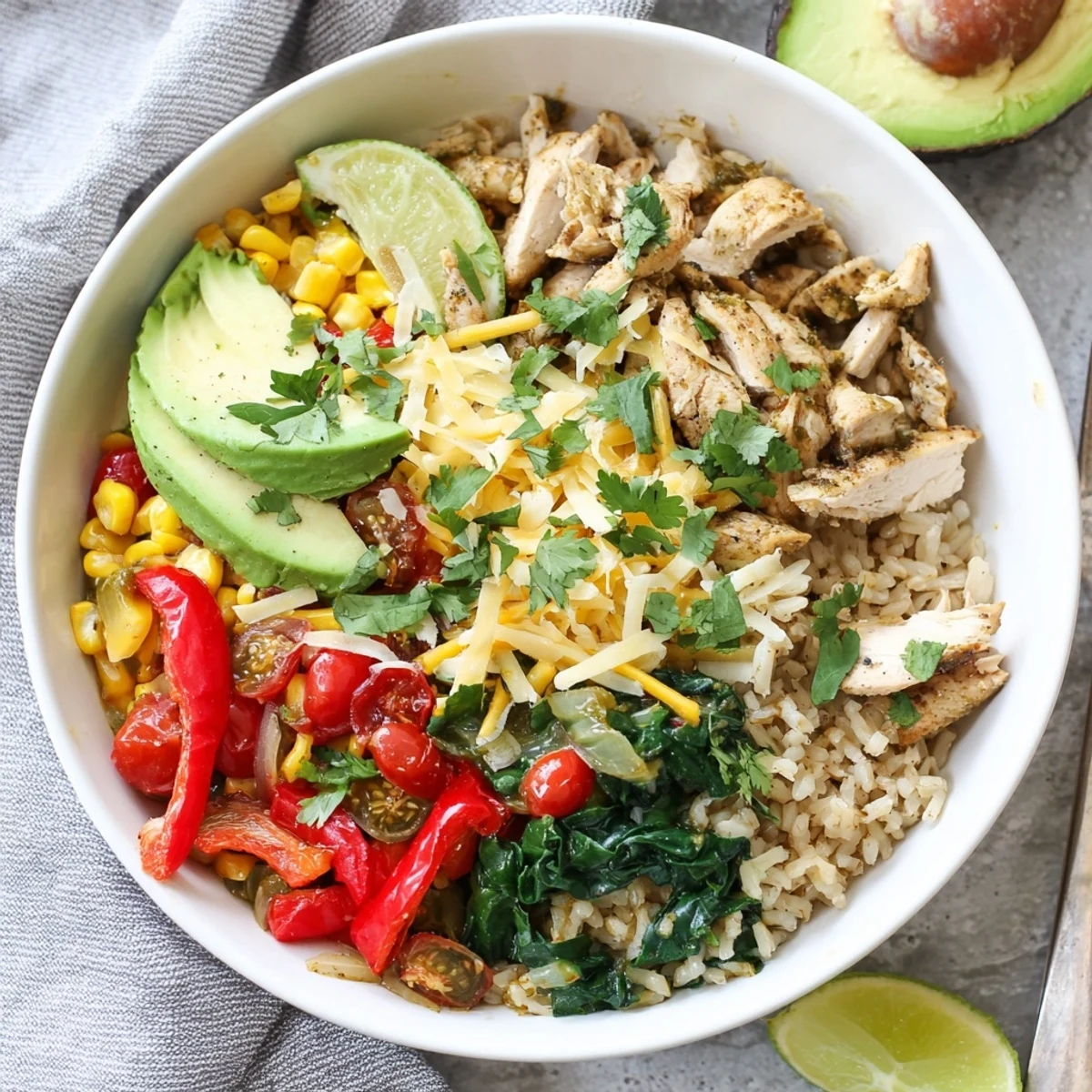 Savory Southwest spice green chile bowl packed with spiced chicken over fluffy brown rice