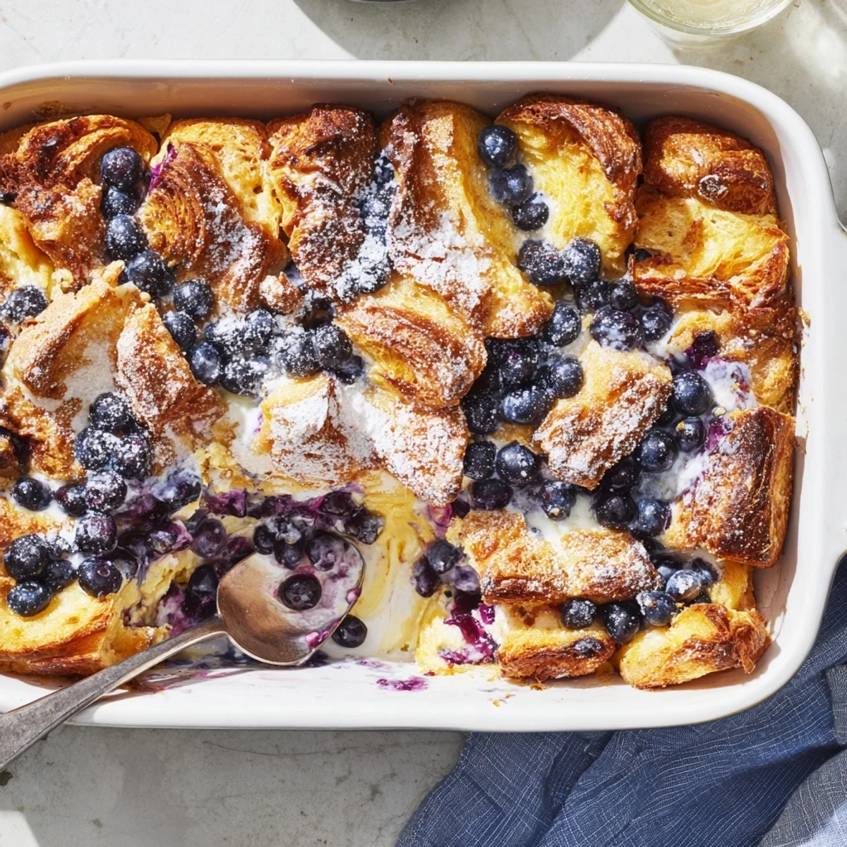 Golden blueberry cream cheese croissant casserole with burst berries and creamy layers