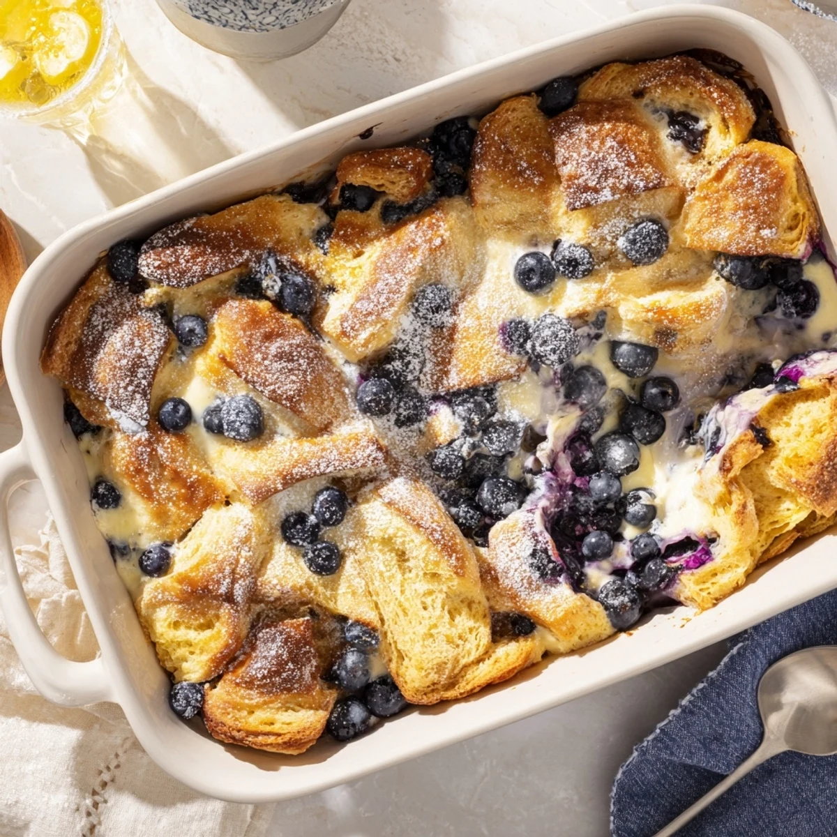 Flaky croissant breakfast bake studded with blueberries and rich cream cheese custard