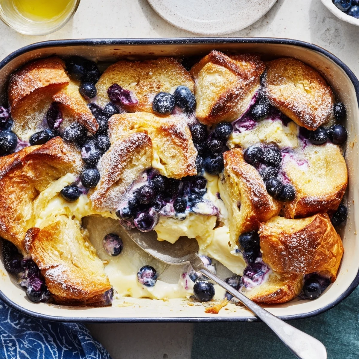 Warm blueberry cream cheese croissant casserole dusted with powdered sugar for brunch