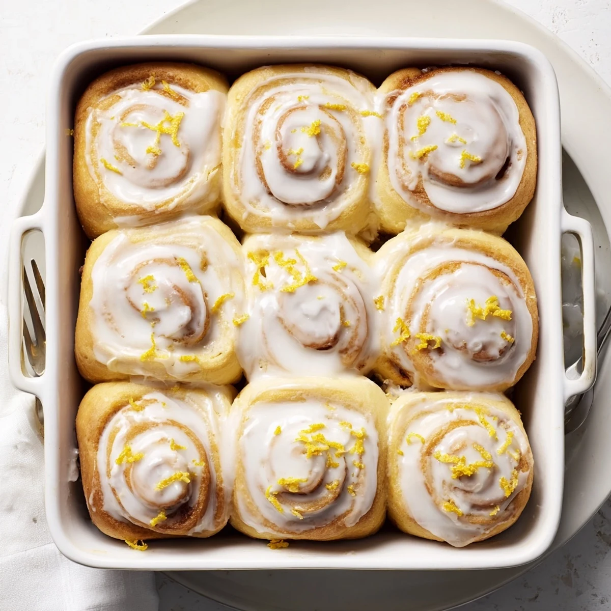 Golden homemade lemon rolls drizzled with tangy glaze on a white serving plate