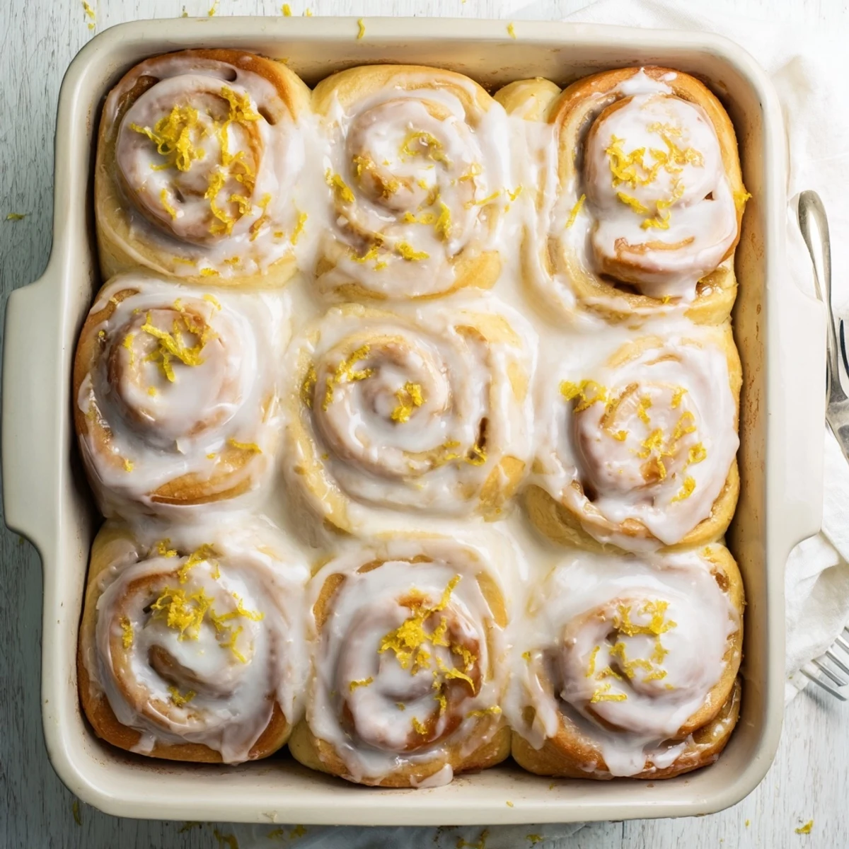 Breakfast lemon rolls topped with zesty powdered sugar glaze garnished with lemon zest