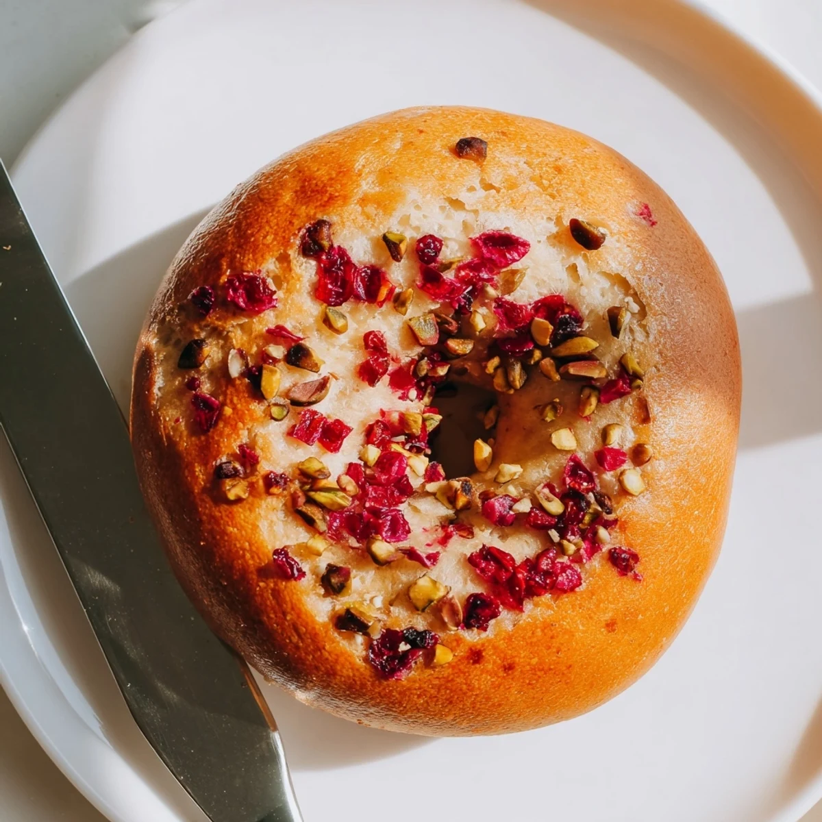Freshly baked raspberry pistachio sourdough bagels topped with crunchy nuts and tart raspberry pieces