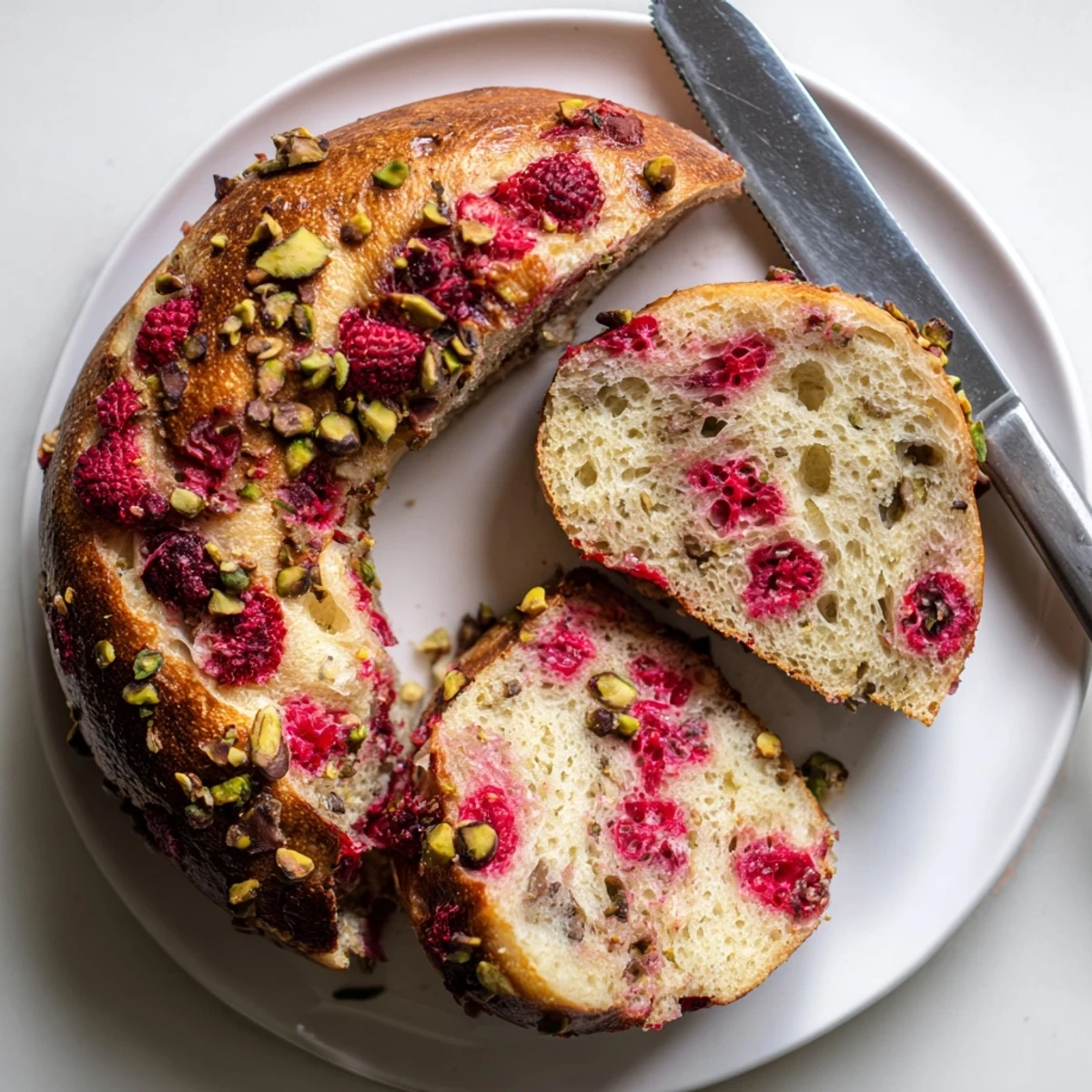 Golden brown sourdough bagels studded with bright red raspberries and green chopped pistachios on a wooden board