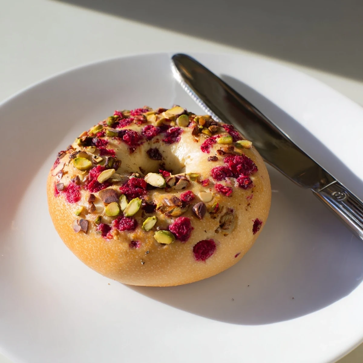 Homemade raspberry pistachio sourdough bagels with cream cheese, showcasing their chewy texture and colorful swirls