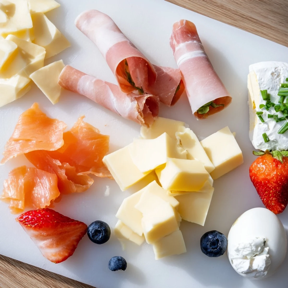 Rustic wooden platter displaying breakfast charcuterie board with prosciutto, brie, berries, croissants, and honey.