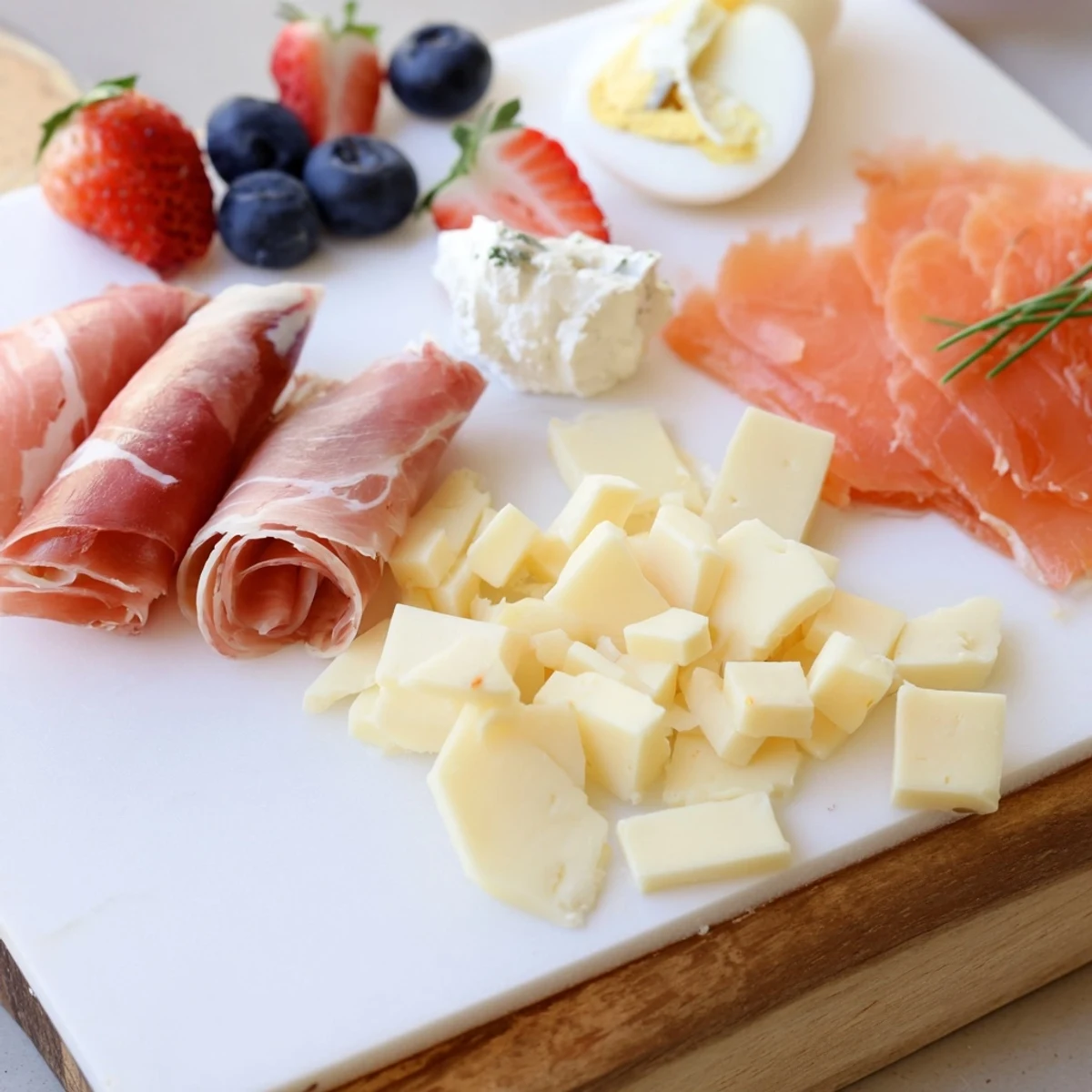 Colorful breakfast charcuterie board arranged with meats, cheeses, fruits, pastries, and sweet spreads for sharing.