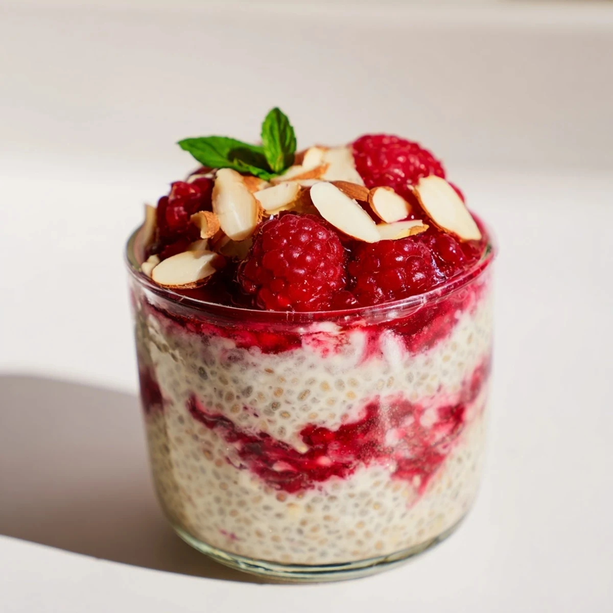 Creamy raspberry chia pudding sweetened with maple syrup layered in glass jars
