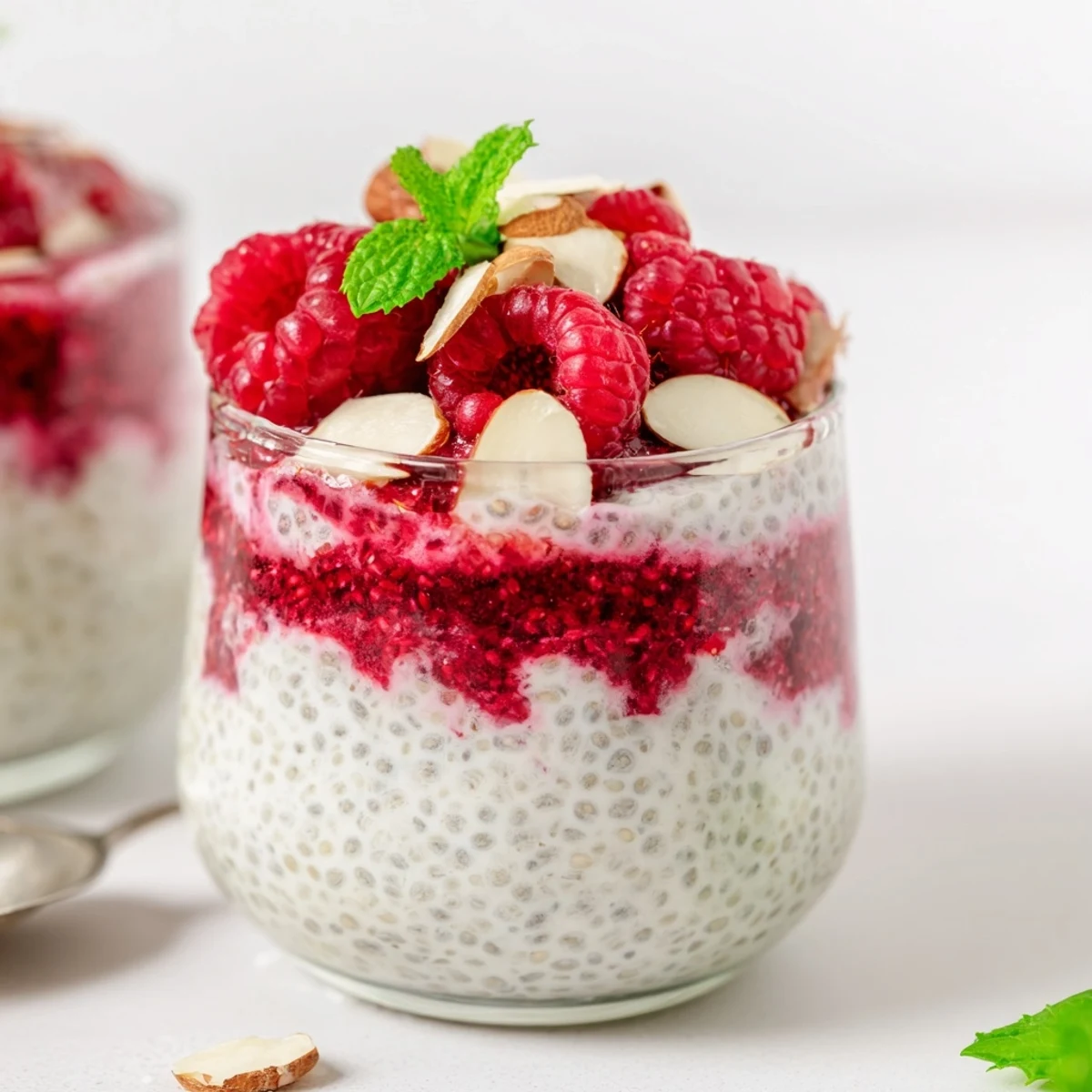 Vegan raspberry chia pudding topped with fresh berries and almonds for breakfast
