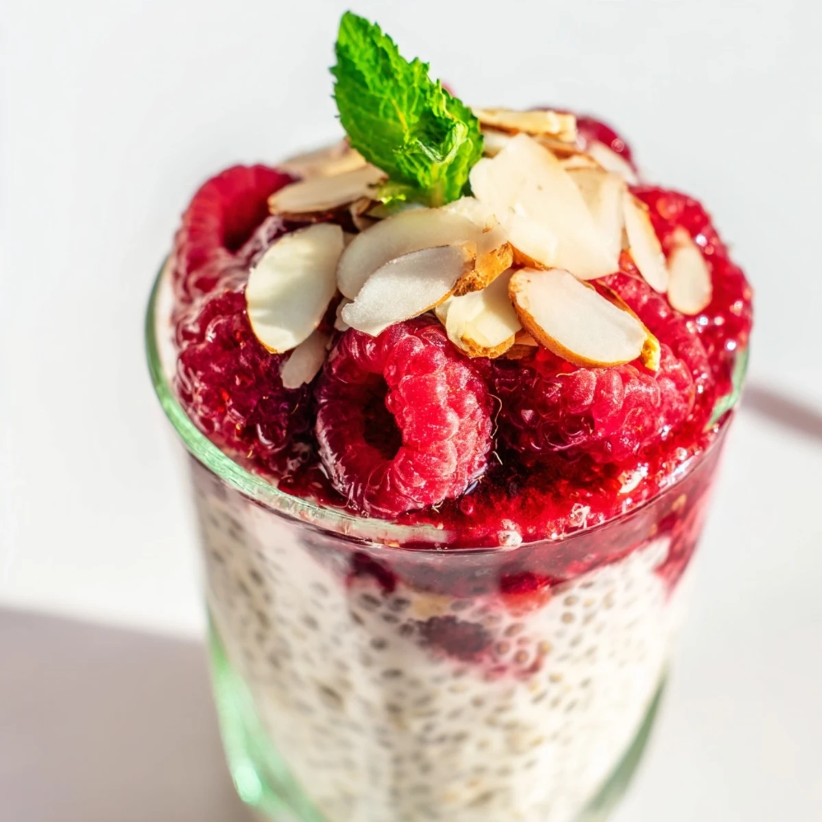 Maple sweetened chia pudding with raspberry swirls served chilled in clear glasses