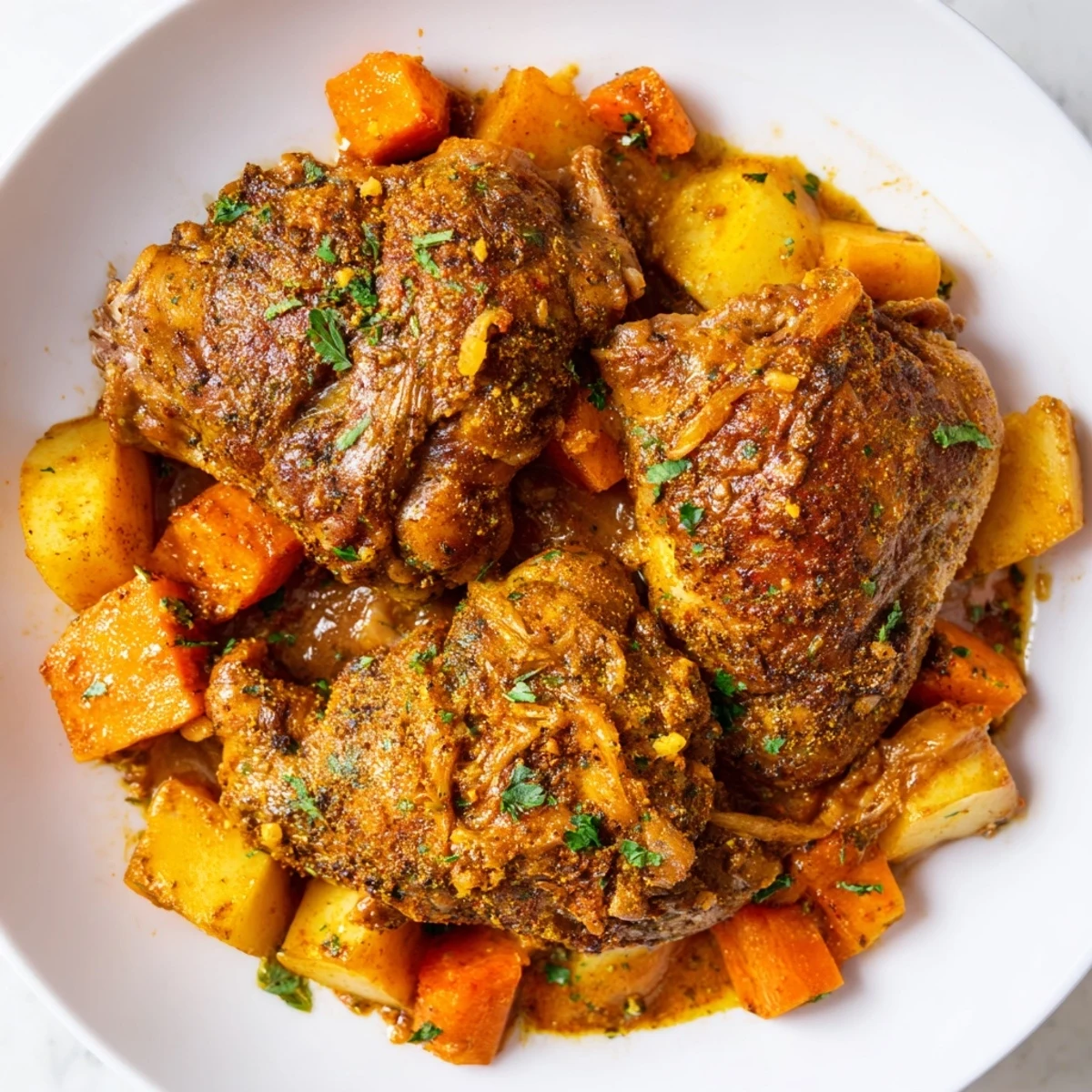 Golden chicken thighs nestled among root vegetables in a hearty slow cooker chicken dinner