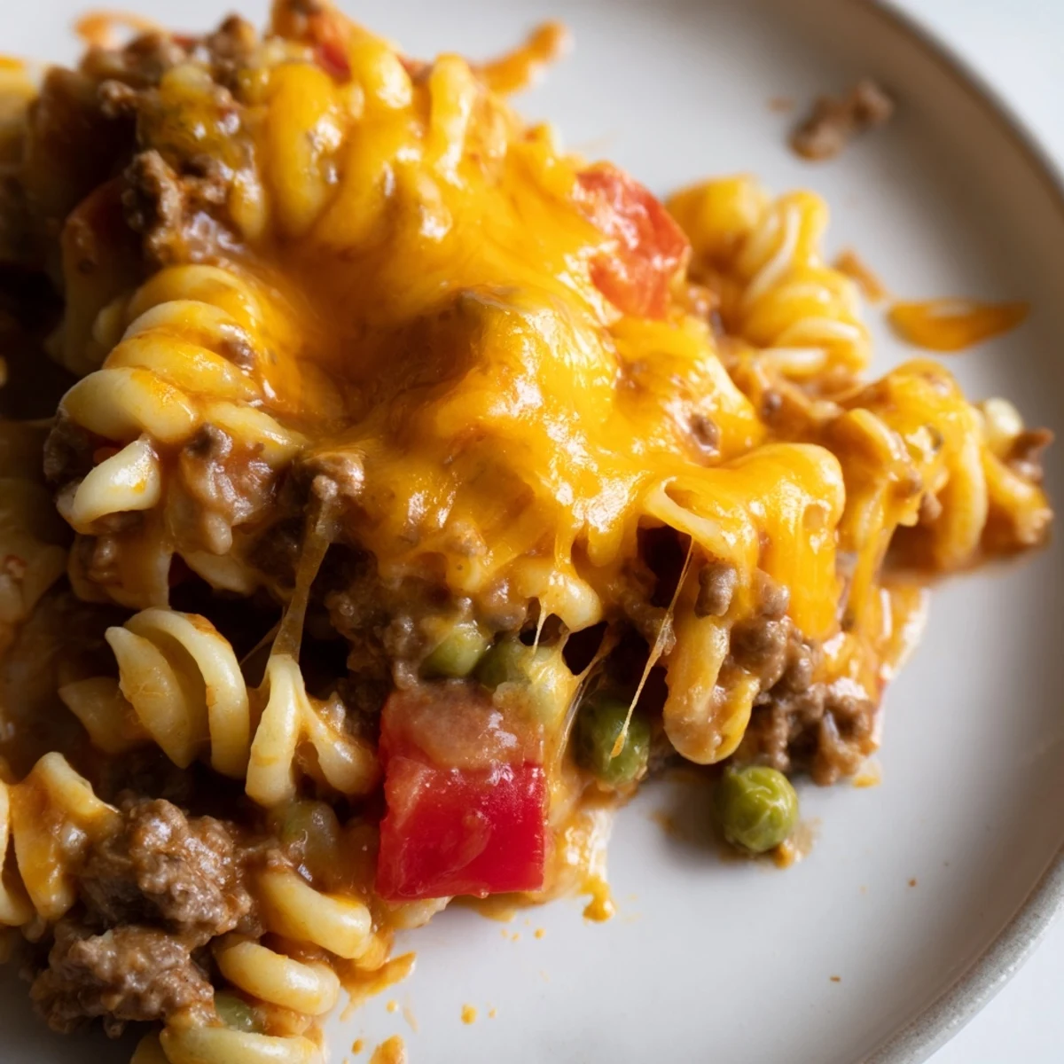 Creamy cheesy beef and noodle casserole with tender egg noodles in a rich savory beef sauce
