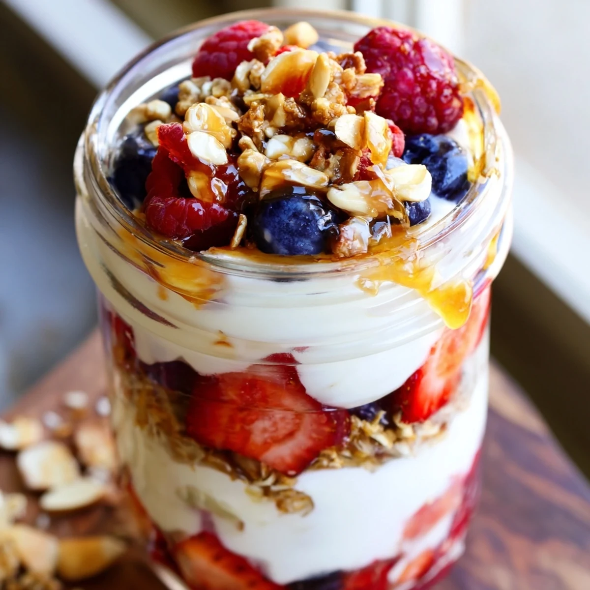 Creamy Greek Yogurt Parfait layered with bright berries and golden granola in a glass