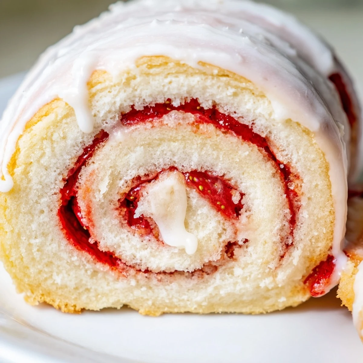 Golden strawberry shortcake cheesecake rolls drizzled with sweet vanilla glaze on a white plate