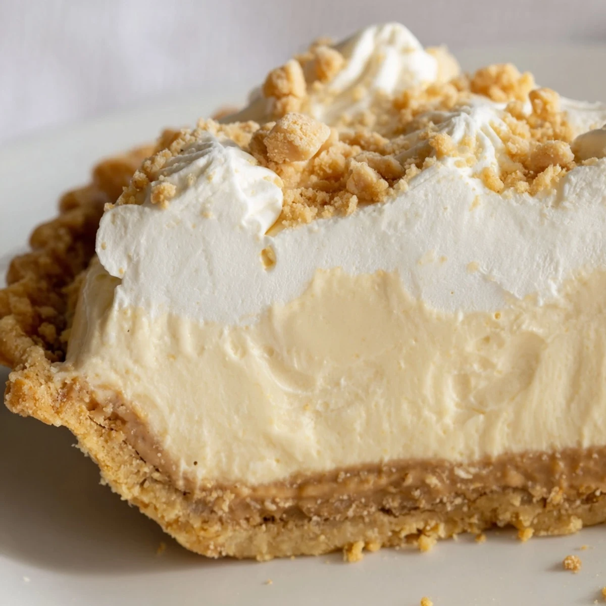 Creamy Amish peanut butter dream pie topped with whipped cream and golden crumb topping