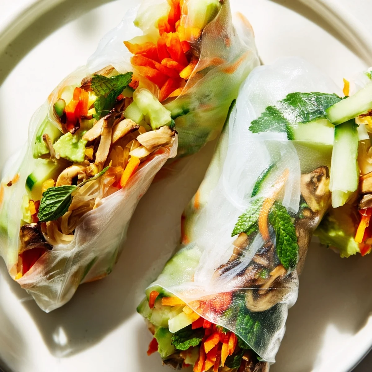 Avocado shiitake spring rolls wrapped in translucent rice paper with colorful fresh vegetables