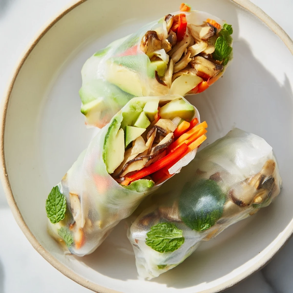Creamy avocado and savory shiitake spring rolls served with tangy Asian dipping sauce