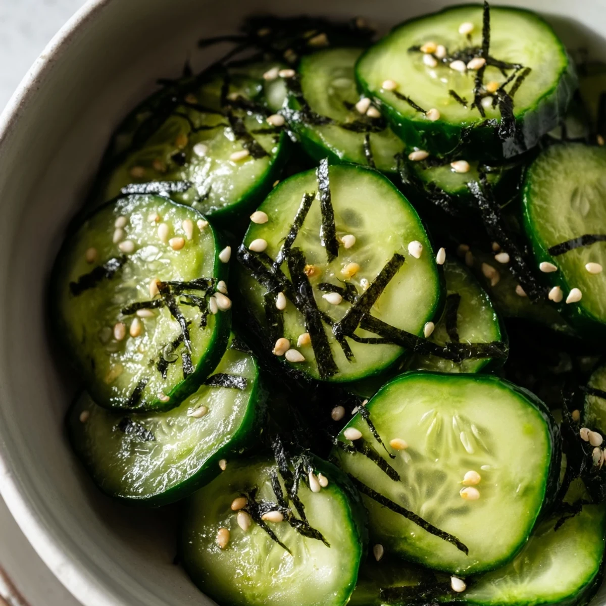 Crisp cucumber slices tossed in tangy rice vinegar dressing for this refreshing sushi cucumber salad
