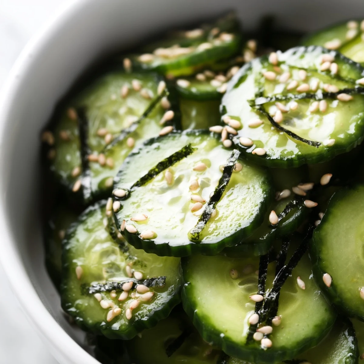 Thinly sliced cucumbers with nori strips and sesame seeds in this Japanese-inspired sushi cucumber salad