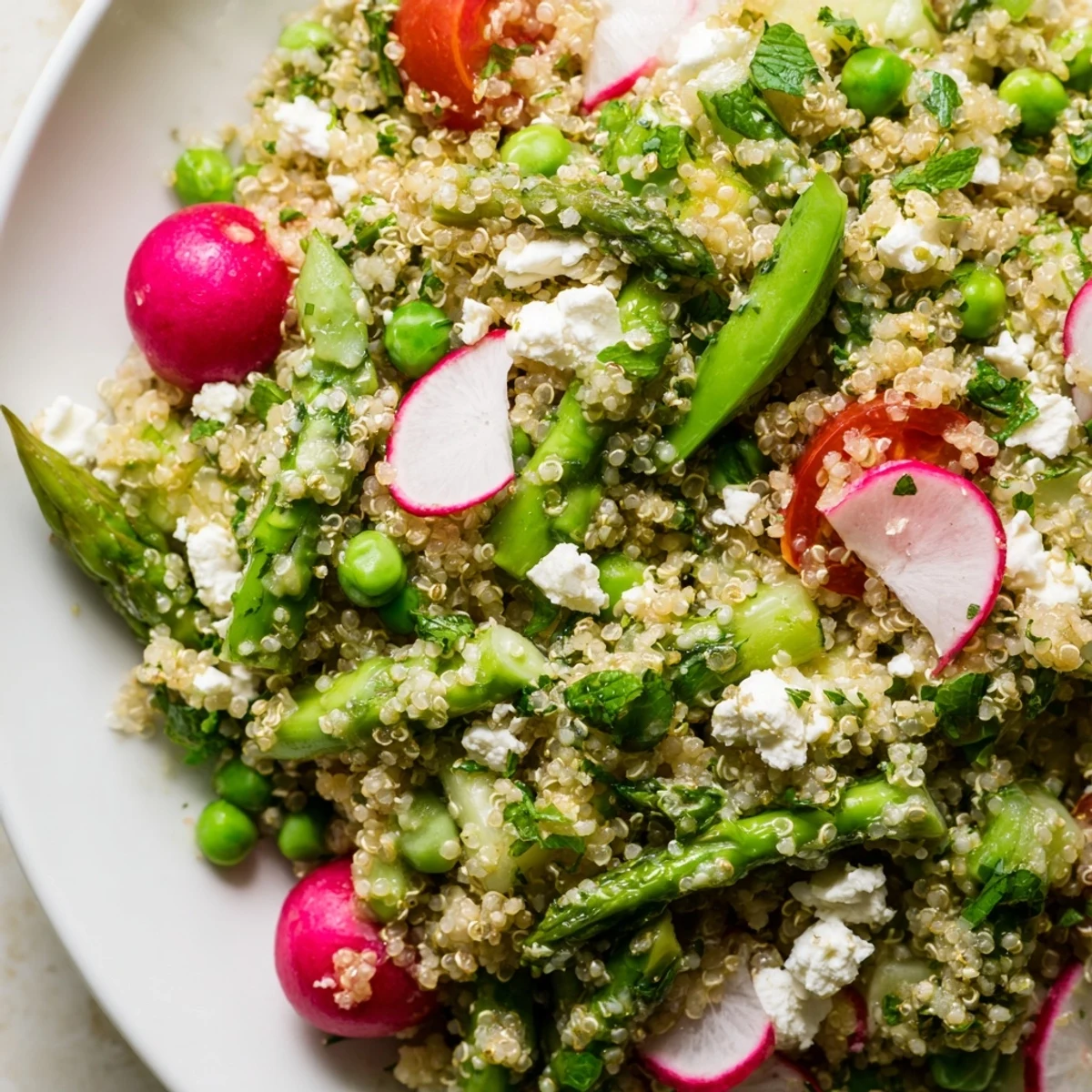 Colorful spring vegetable quinoa salad featuring bright green asparagus, radishes, and cherry tomatoes tossed together