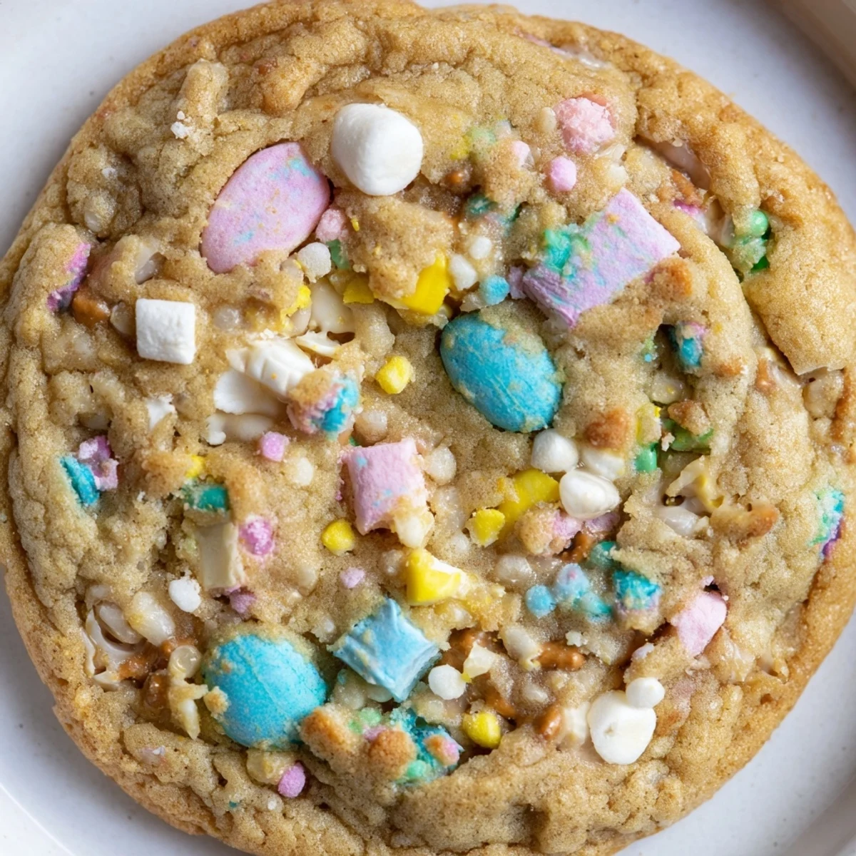 Colorful Easter Trash Cookies loaded with pastel candies, pretzels, and sprinkles on a rustic baking sheet