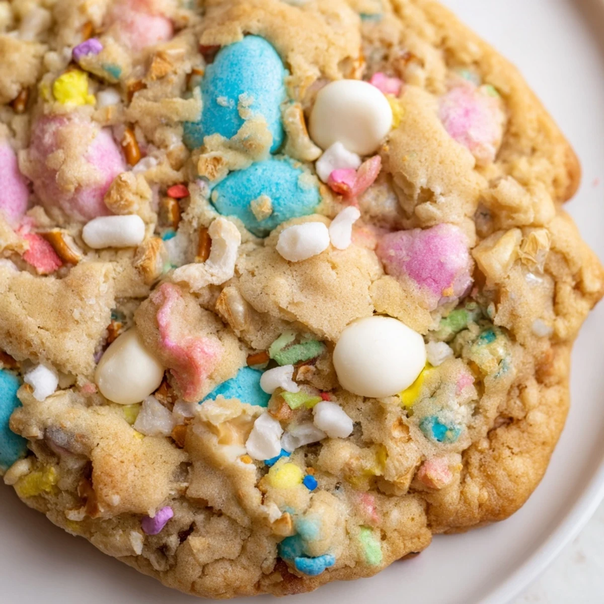 Chewy Easter Trash Cookies with crispy cereal, marshmallows, and candy pieces stacked on a white plate