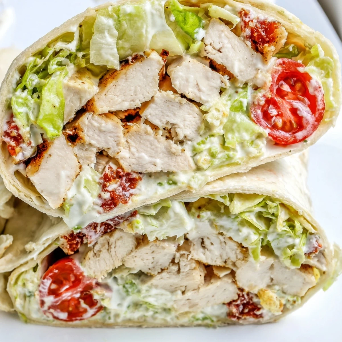 Golden grilled chicken Caesar wraps with crisp romaine and creamy dressing in soft tortillas