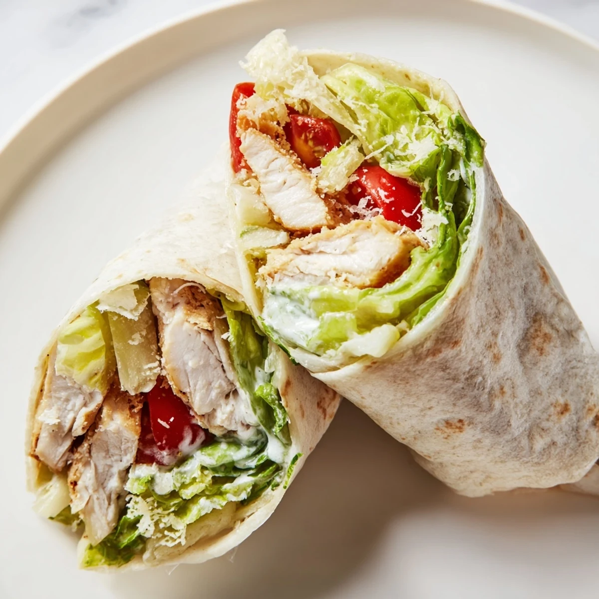 Chicken Caesar wraps sliced to reveal tender grilled meat fresh lettuce and Parmesan cheese