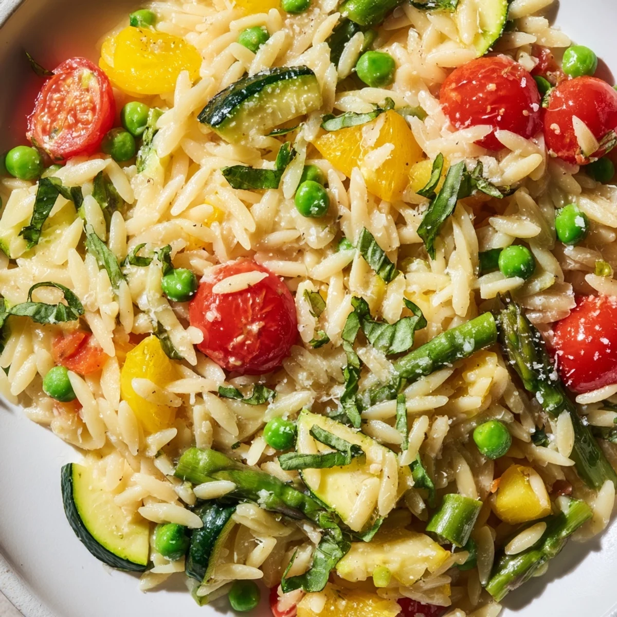 Creamy orzo primavera with colorful vegetables in a skillet with fresh herbs