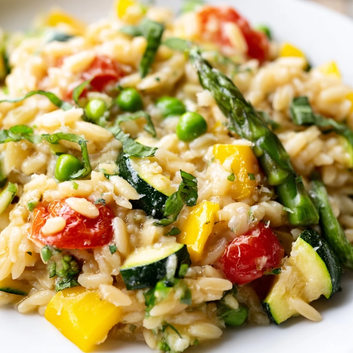 Orzo primavera tossed with tender asparagus, peas, and bright lemon zest