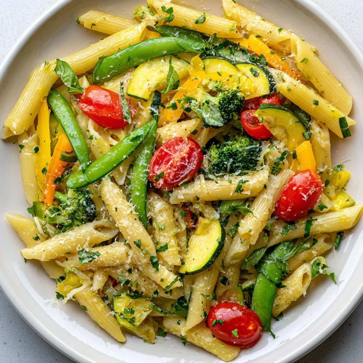 Colorful Pasta Primavera loaded with fresh spring vegetables in a light garlic sauce