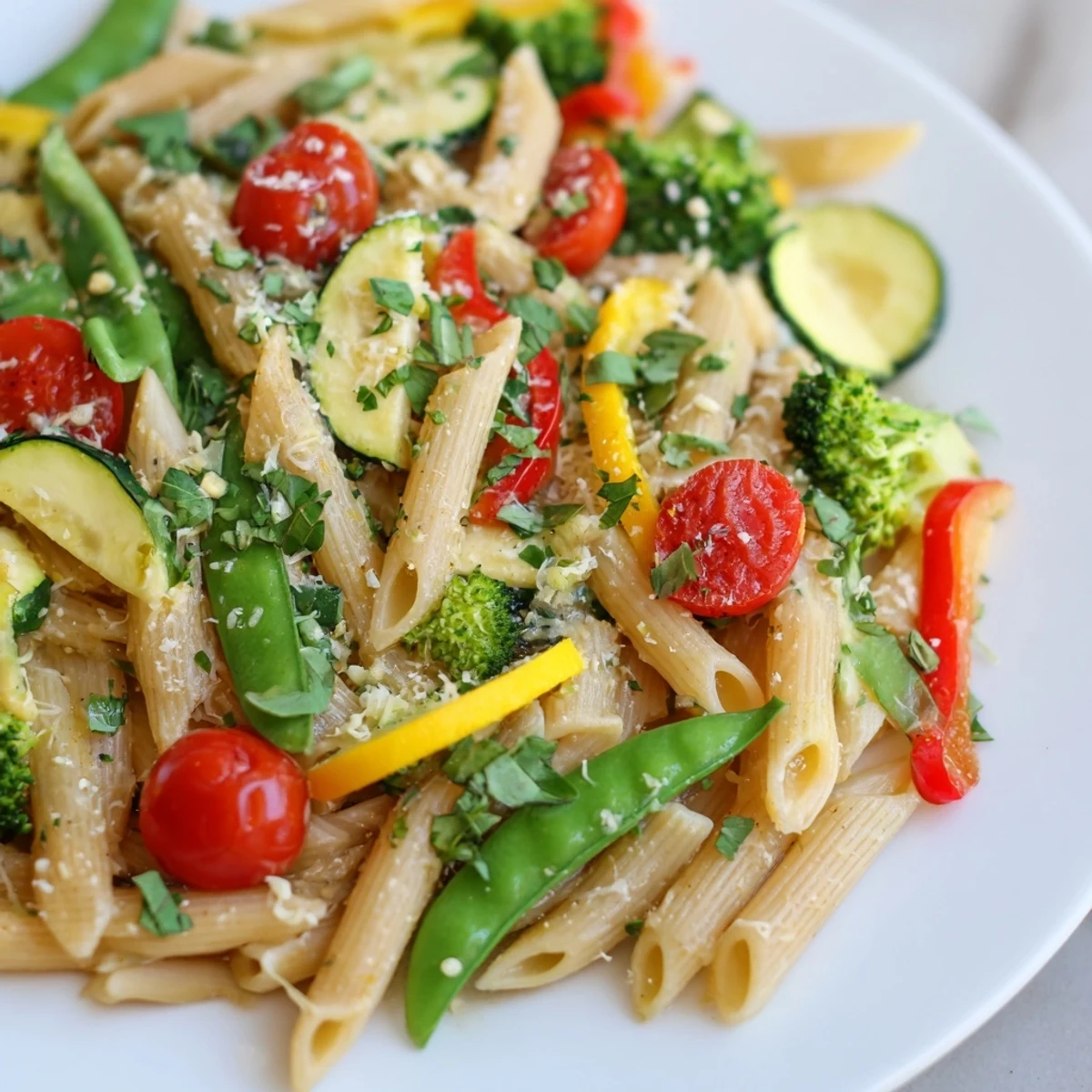 Vibrant Pasta Primavera showcasing tender crisp veggies tossed with perfectly cooked penne noodles