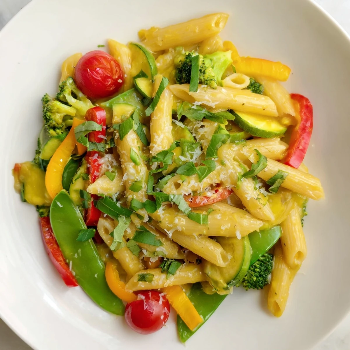 Creamy Pasta Primavera garnished with basil and shaved Parmesan on a white plate