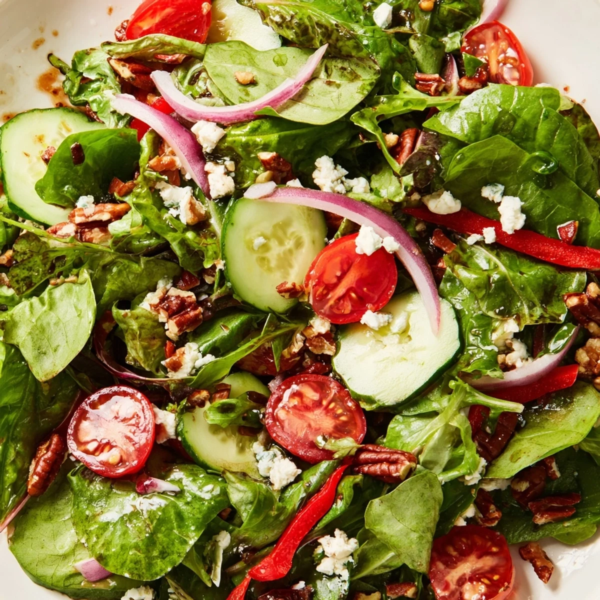 Fresh spring mix salad with colorful vegetables and crumbled feta in a rustic wooden bowl