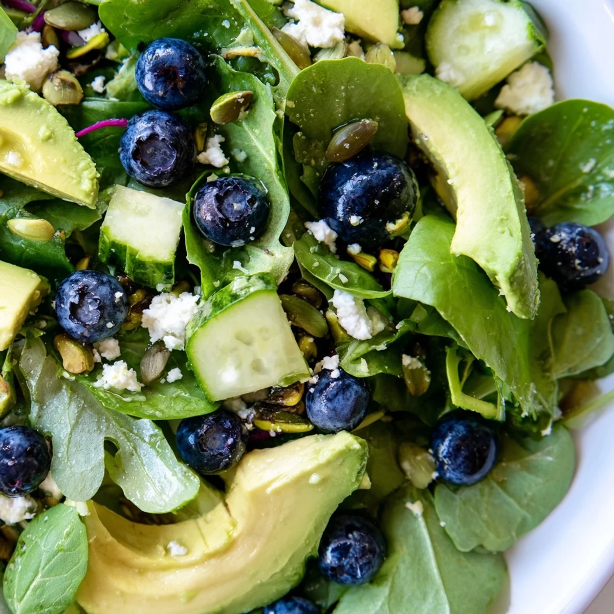 Crisp spring greens topped with plump blueberries, avocado, and crunchy pistachios