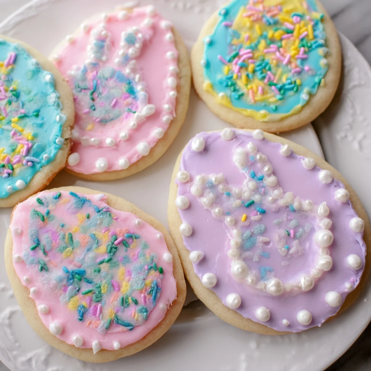 Soft Easter cookies with pastel royal icing and colorful sprinkles on a rustic wooden serving board
