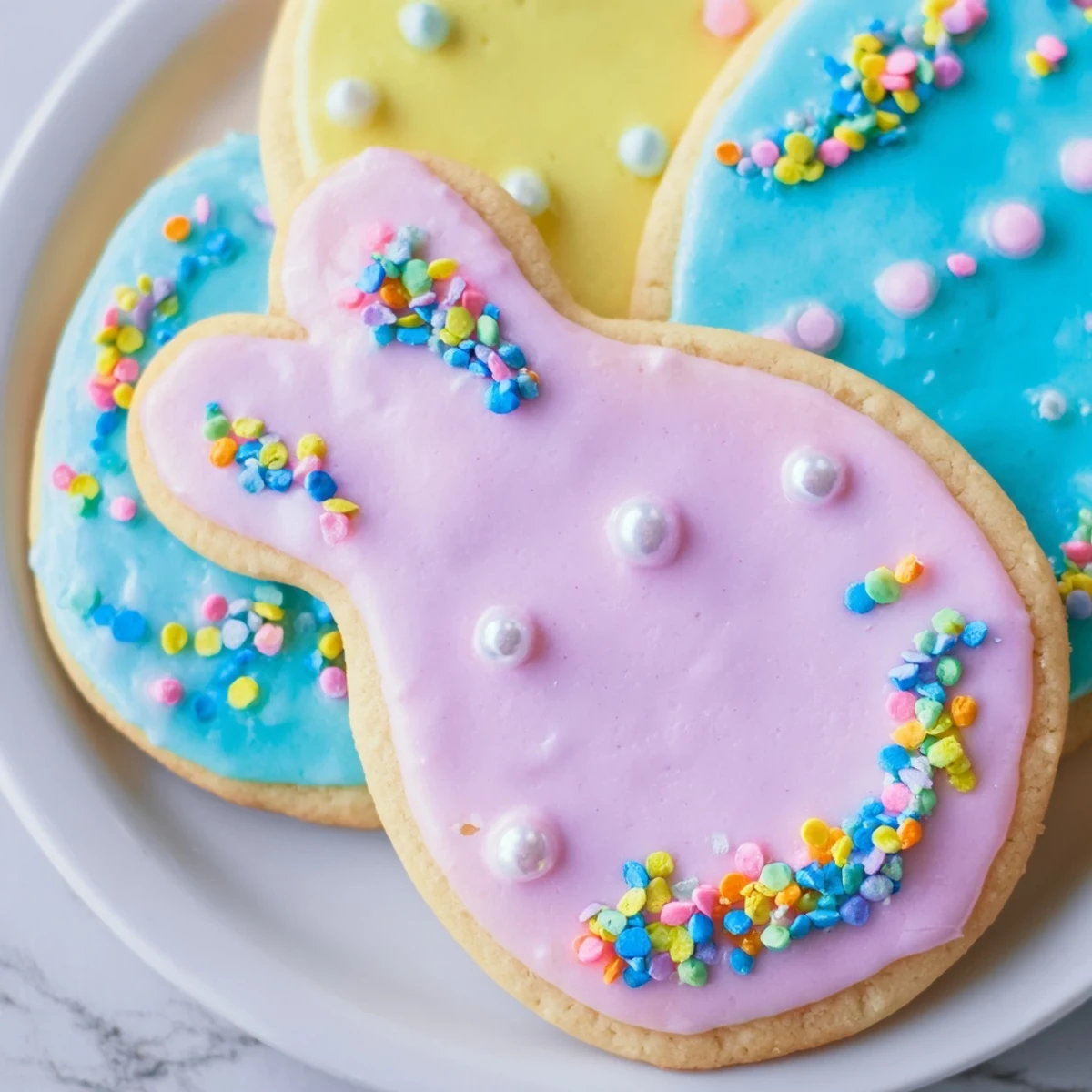 Buttery Easter cookies decorated with sweet pink frosting and edible candy pearls arranged on white porcelain