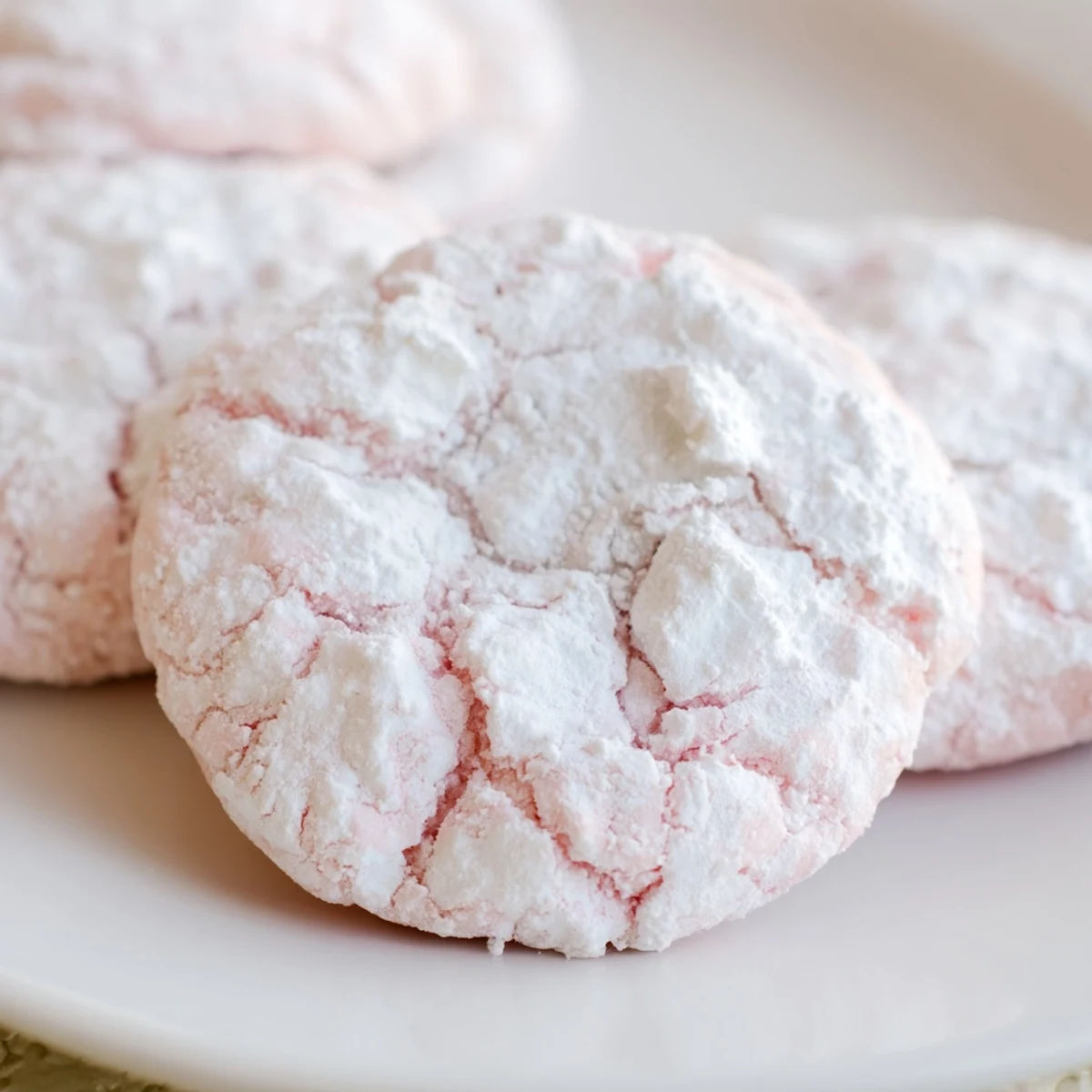 Soft pastel crinkle cookies with powdered sugar coating arranged on a rustic white serving platter