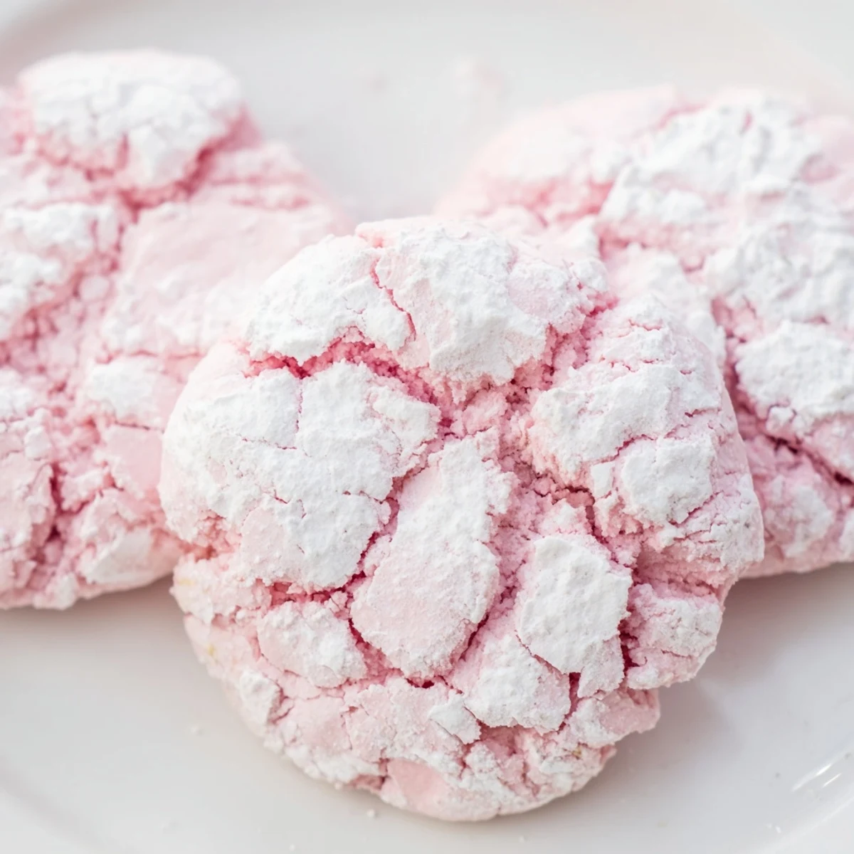Delicate pink and blue crinkle cookies dusted in snowy powdered sugar ready for spring celebrations