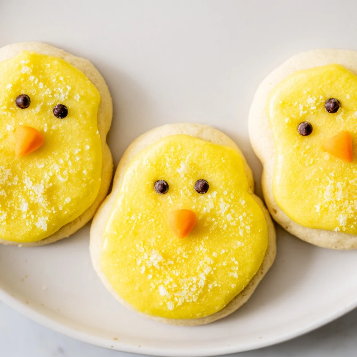 Adorable chick cookies with yellow frosting and expressive faces arranged on a rustic serving platter